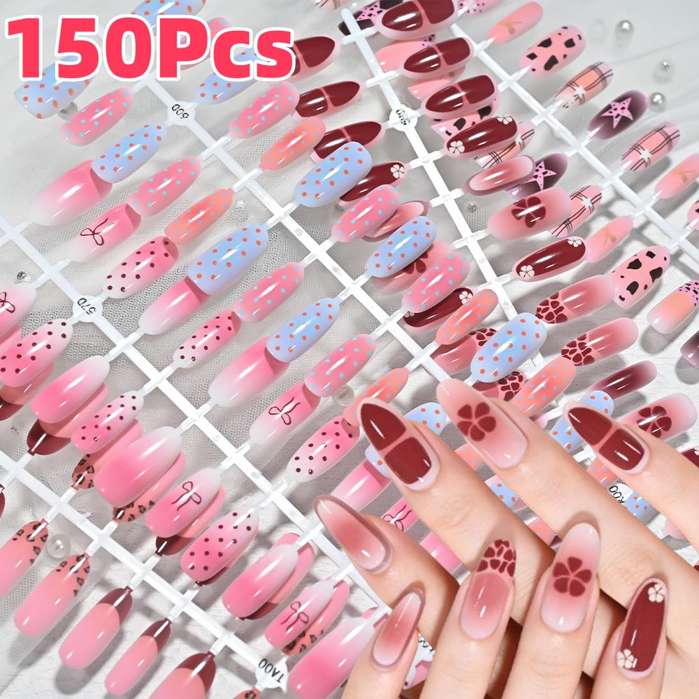 Nail Art Press On - 150Pcs Pink Blue Ombre Leopard Polka