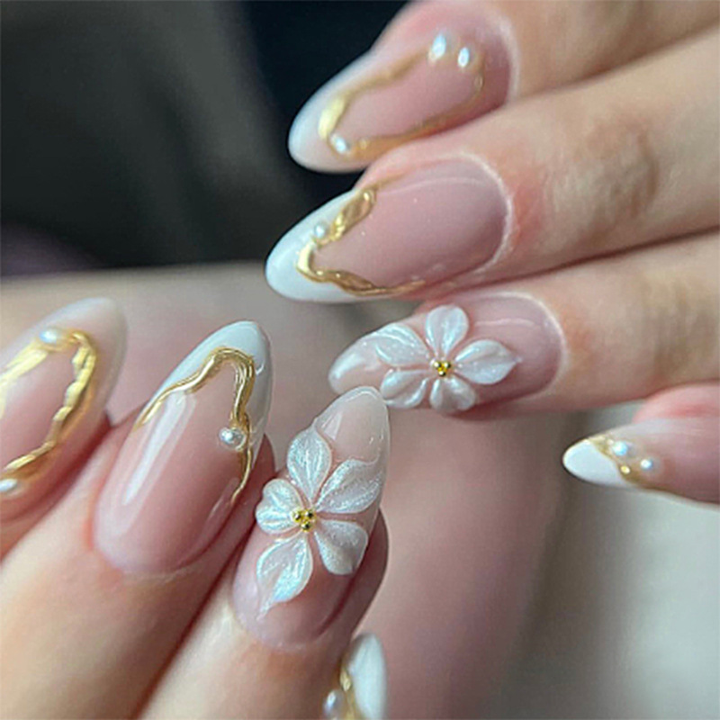 Nail Art French - 24pcs Flower Long Almond Press on