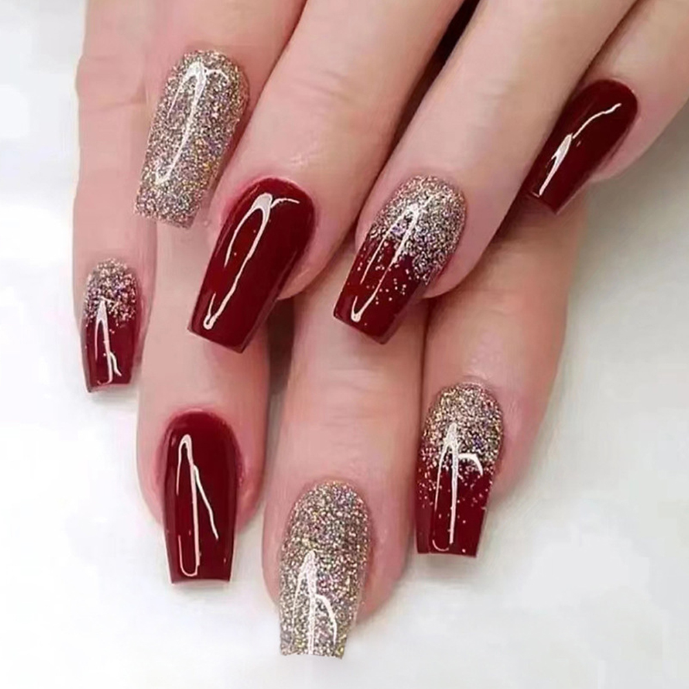 Nail Art French - 24Pcs Wine Red Flash Fake Nails