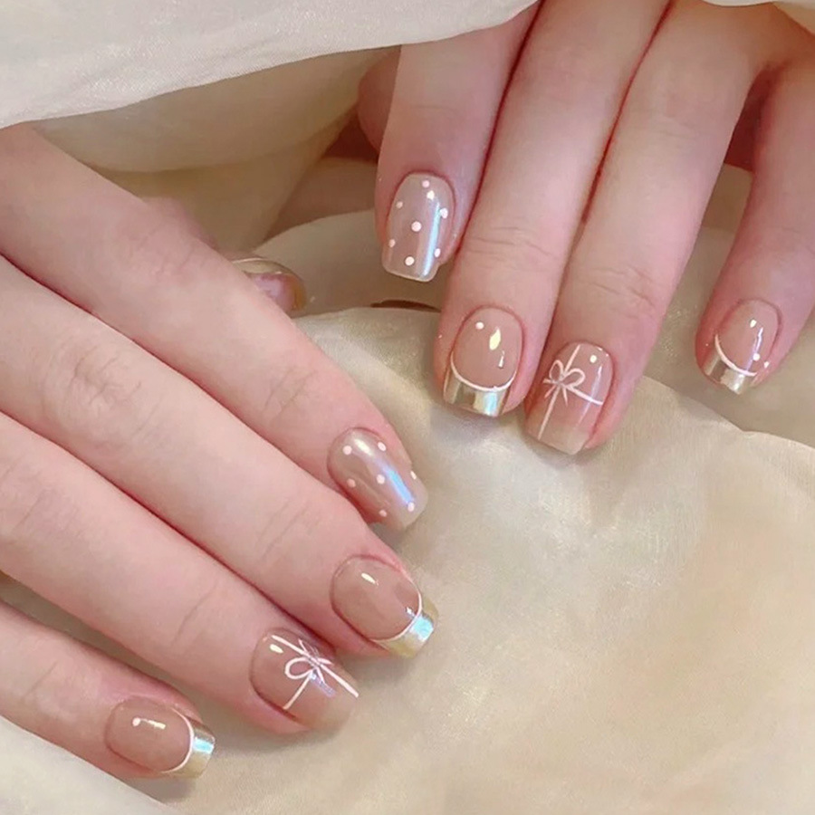 Nail Art French - Short Square fake nails for women
