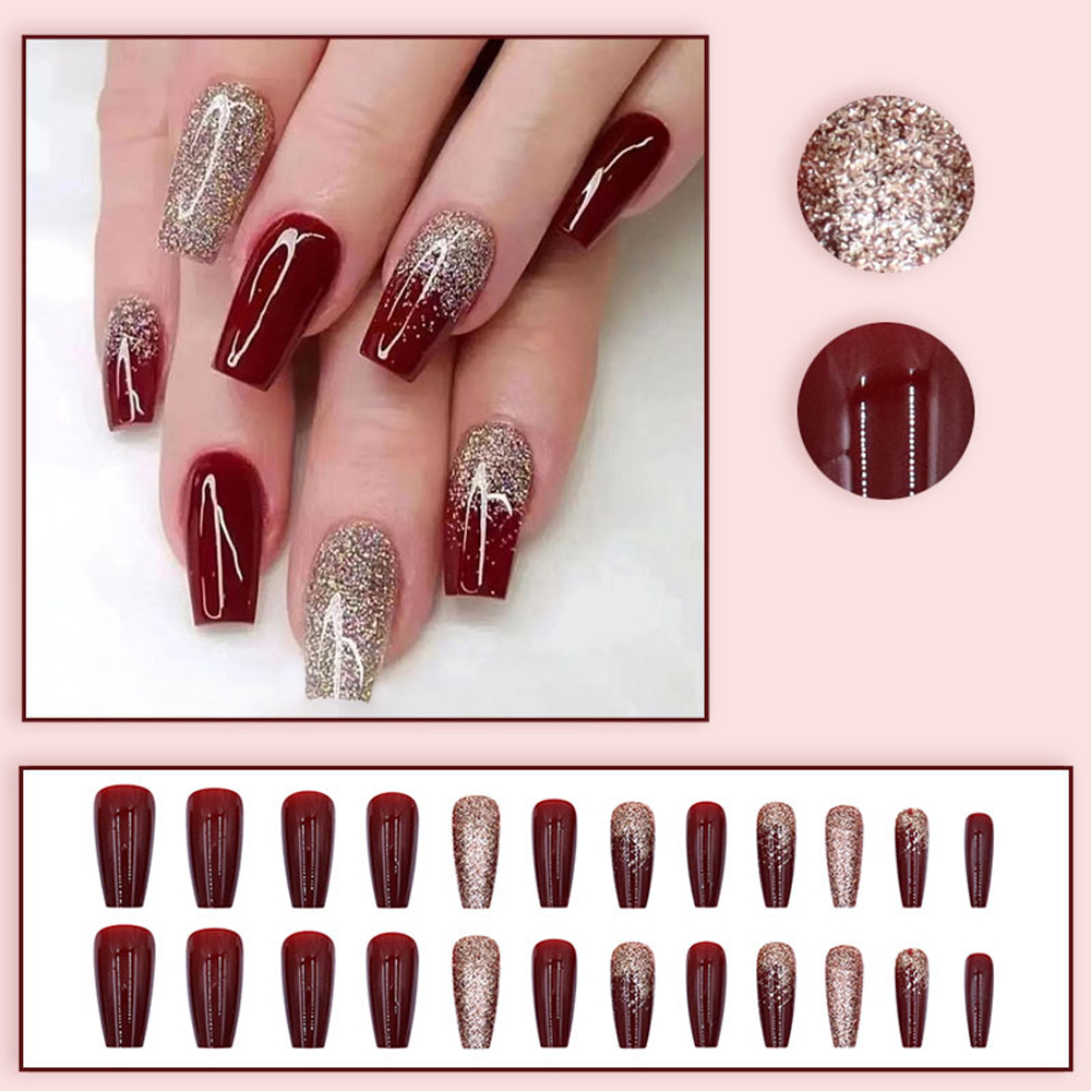 24Pcs Wine Red Flash Fake Nail - Nail Art French review and price